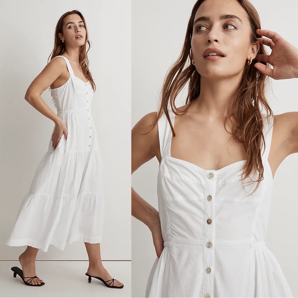 Madewell White Tiered Button-Front Midi Dress